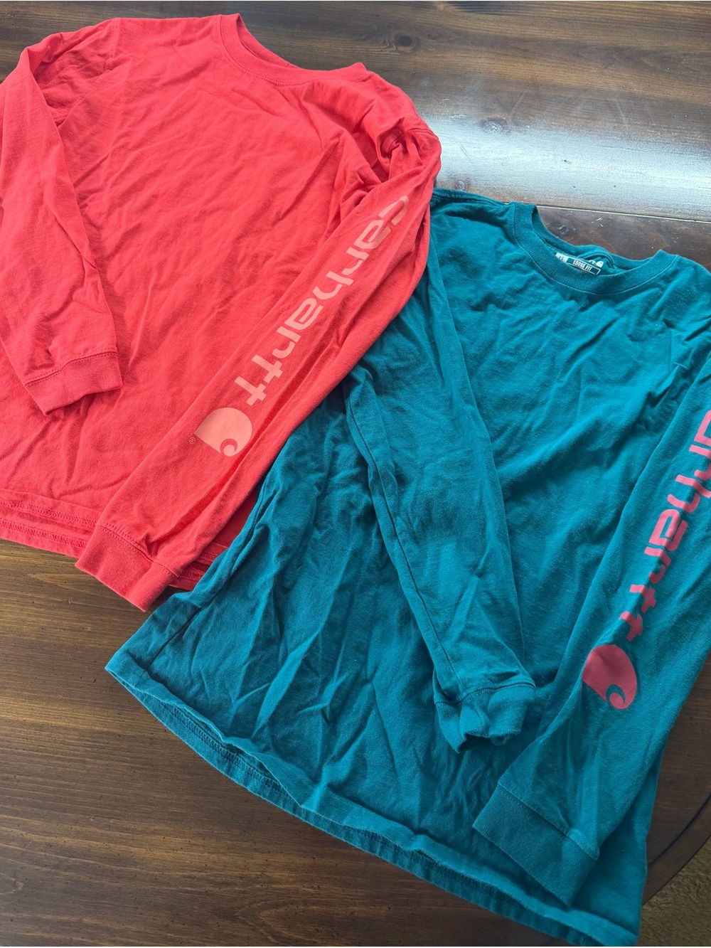 Carhartt Long Sleeve Tees in Red and Teal with Sleeve Logo